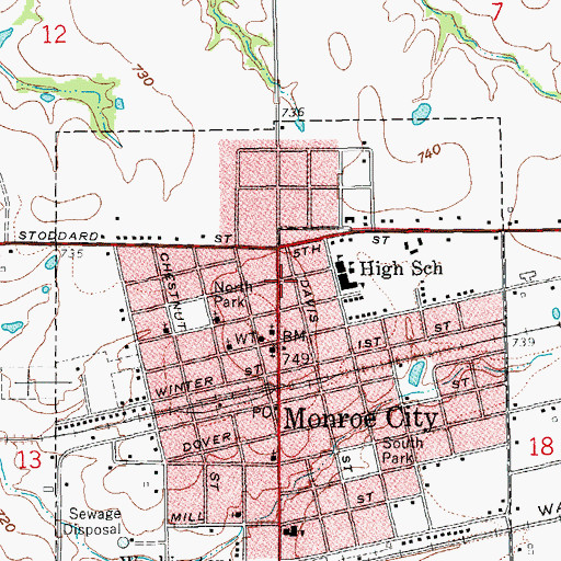 Topographic Map of Monroe City Post Office, MO