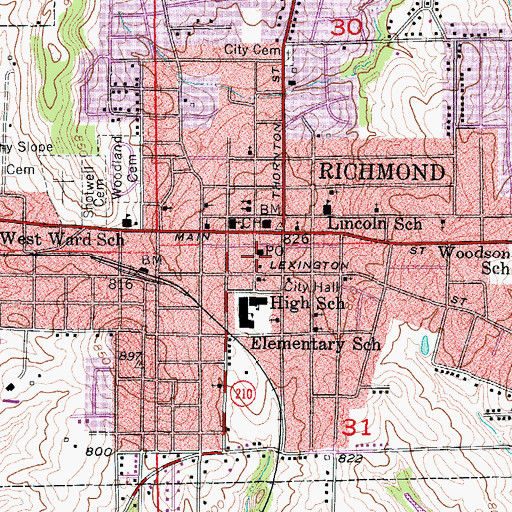 Topographic Map of Richmond Post Office, MO