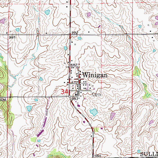Topographic Map of Winigan Post Office, MO