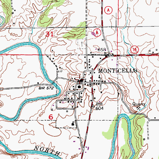 Topographic Map of Monticello Post Office, MO