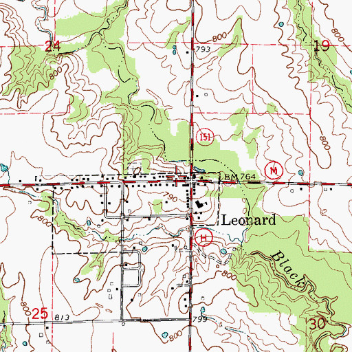 Topographic Map of Leonard Post Office, MO