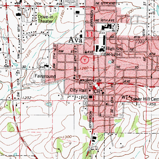 Topographic Map of Ava Post Office, MO