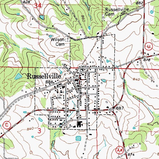 Topographic Map of Russellville Post Office, MO