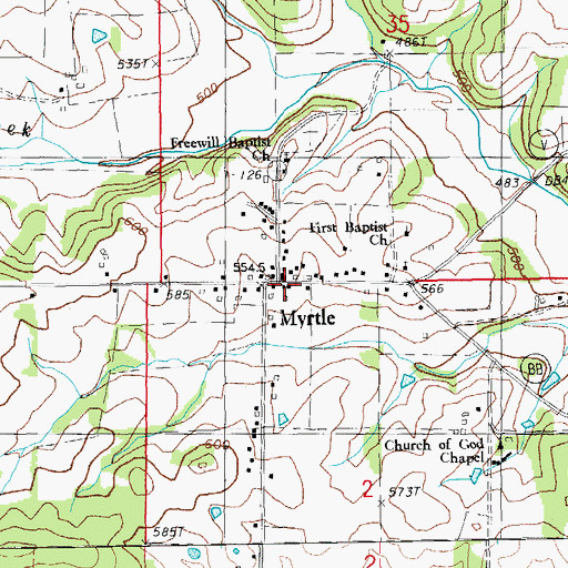 Topographic Map of Myrtle Post Office, MO