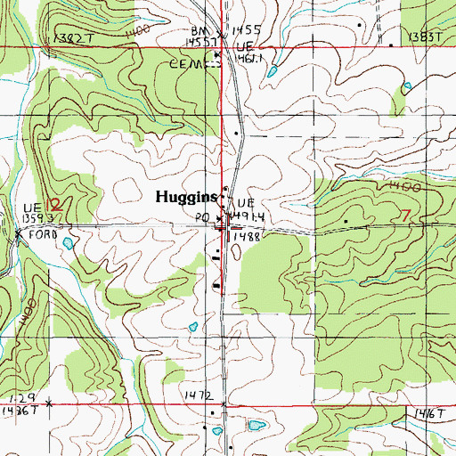 Topographic Map of Huggins Post Office, MO