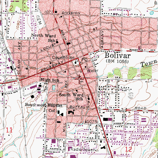 Topographic Map of Bolivar Post Office, MO