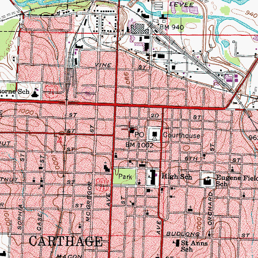 Topographic Map of Carthage Post Office, MO
