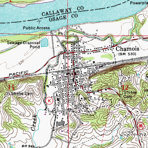 Topographic Map of Chamois Post Office, MO