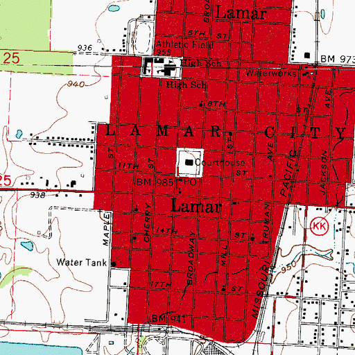 Topographic Map of Lamar Post Office, MO