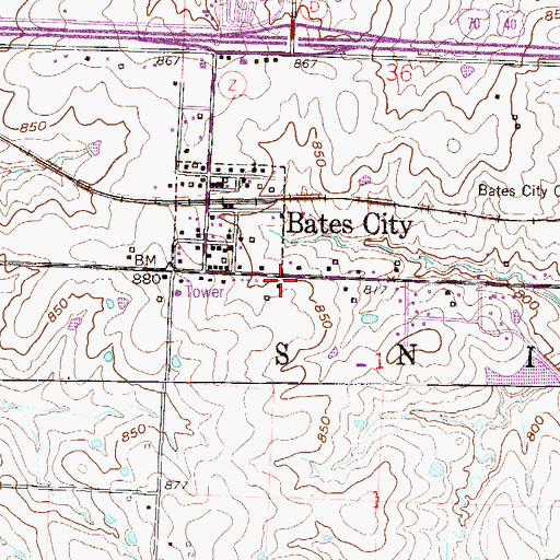 Topographic Map of Bates City Post Office, MO