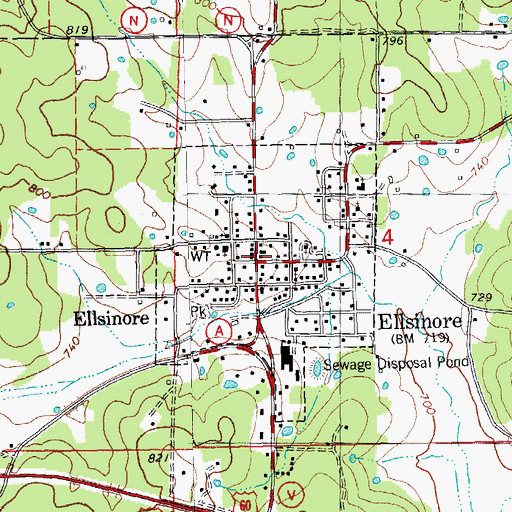 Topographic Map of Ellsinore Post Office, MO