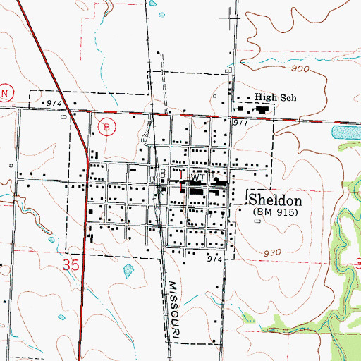 Topographic Map of Sheldon Post Office, MO