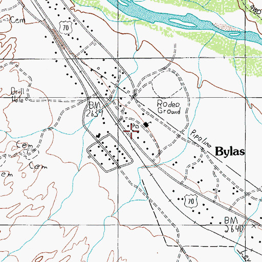 Topographic Map of Bylas Post Office, AZ