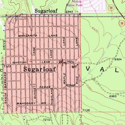 Topographic Map of Sugarloaf Post Office, CA