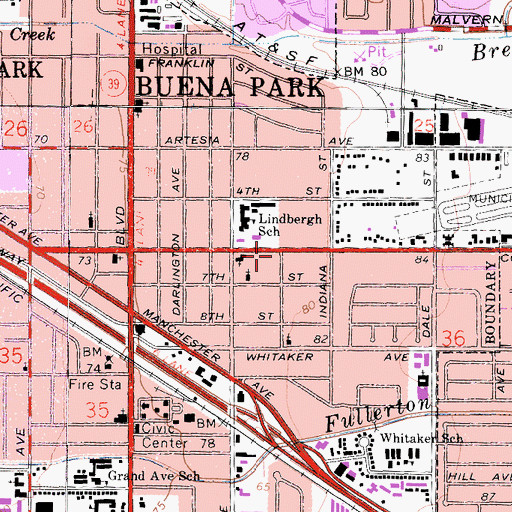 Topographic Map of Buena Park Post Office - Station A, CA