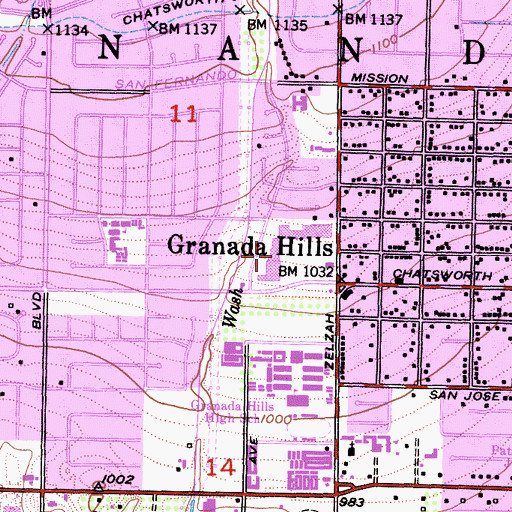 Topographic Map of Granada Hills Post Office, CA