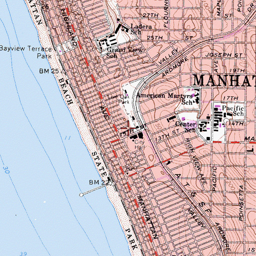 Topographic Map of Downtown Manhattan Beach Post Office, CA