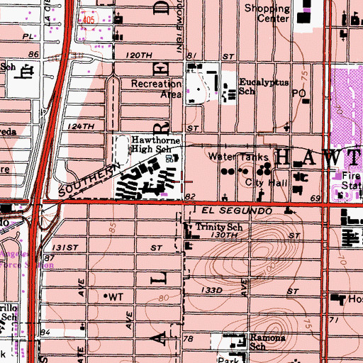Topographic Map of Hawthorne Post Office, CA