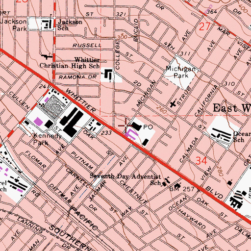 Topographic Map of Whittier Post Office, CA