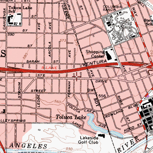 Topographic Map of Toluca Lake Post Office, CA