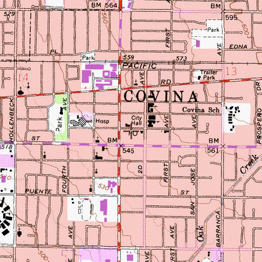 Topographic Map of Federal Covina Post Office, CA