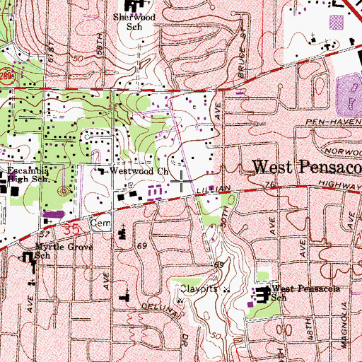 Topographic Map of Myrtle Grove Post Office, FL
