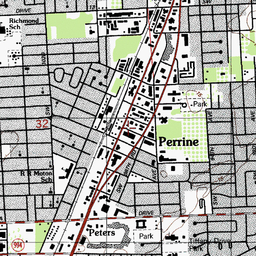 Topographic Map of Perrine Post Office, FL