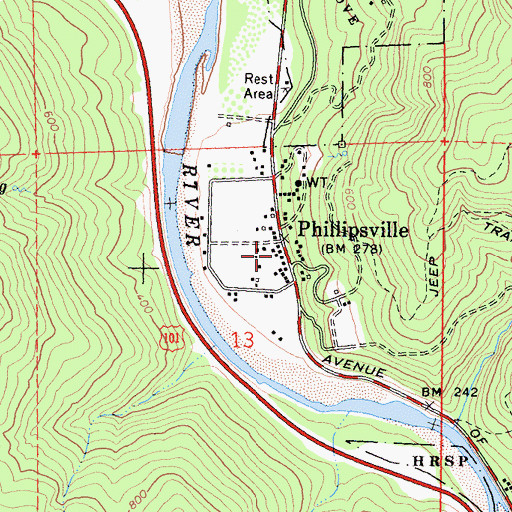 Topographic Map of Phillipsville Post Office, CA