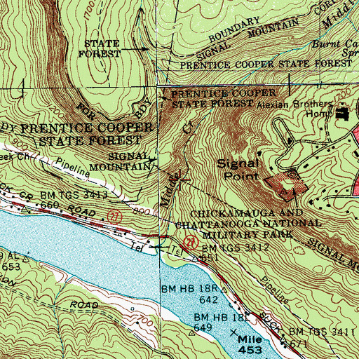 Topographic Map of Three Creeks Falls, TN