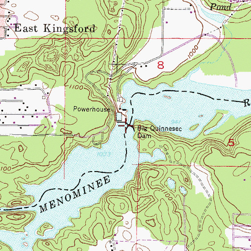 Topographic Map of Big Quinnesec Falls Flowage, WI