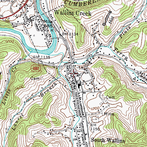 Topographic Map of Wallins Creek Census Designated Place, KY