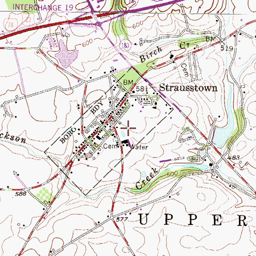 Topographic Map of Strausstown Census Designated Place, PA