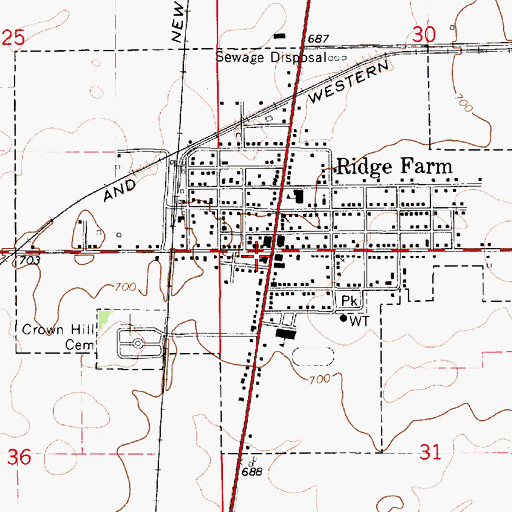 Topographic Map of Ridge Farm Post Office, IL