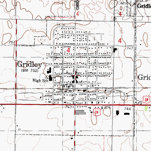 Topographic Map of Gridley Post Office, IL