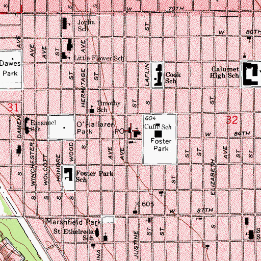 Topographic Map of Auburn Park Post Office, IL