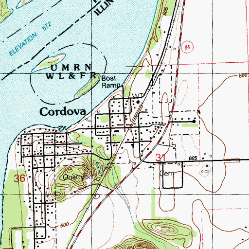 Topographic Map of Cordova Post Office, IL