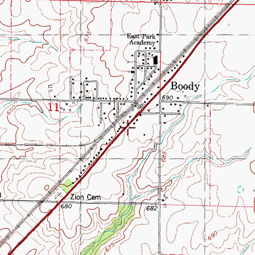Topographic Map of Boody Post Office, IL