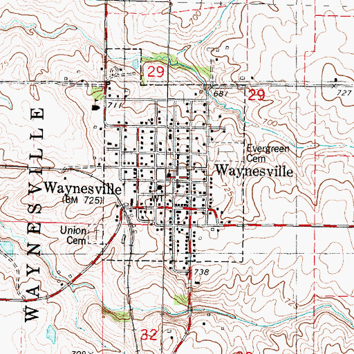 Topographic Map of Waynesville Post Office, IL