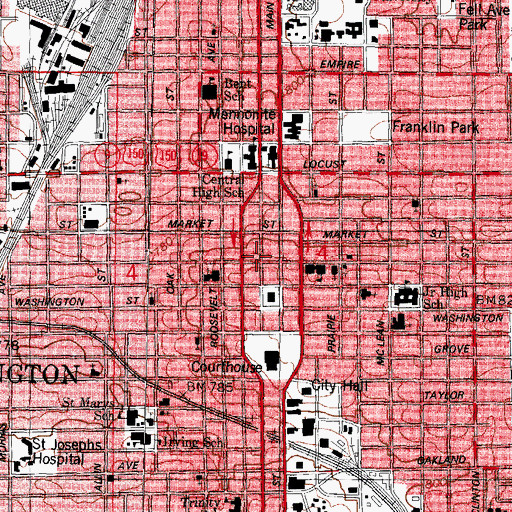 Topographic Map of Downtown Bloomington Post Office, IL