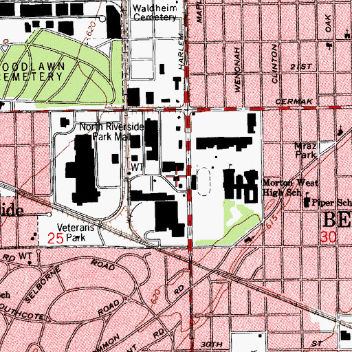 Topographic Map of North Riverside Post Office, IL