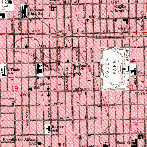 Topographic Map of Ogden Park Post Office, IL