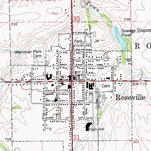 Topographic Map of Roseville Post Office, IL