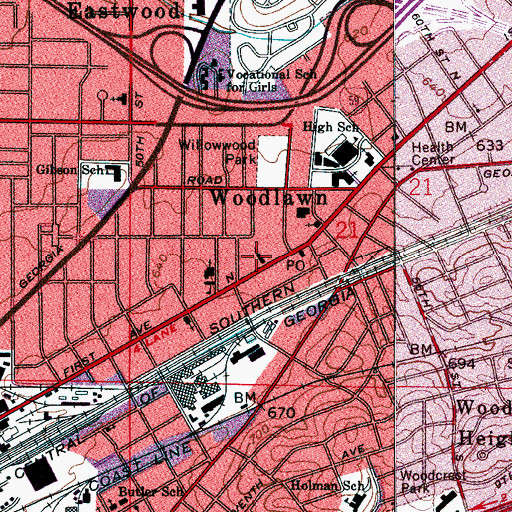 Topographic Map of Woodlawn Post Office, AL