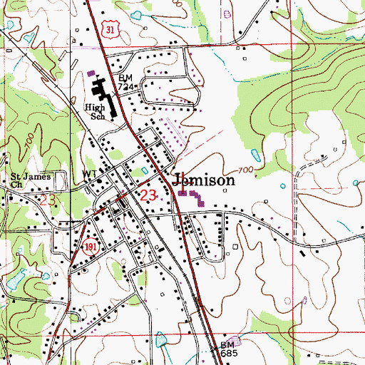 Topographic Map of Jemison Post Office, AL