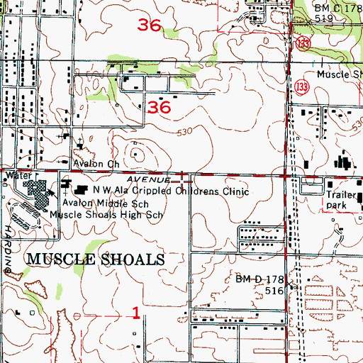 Topographic Map of Muscle Shoals Post Office, AL