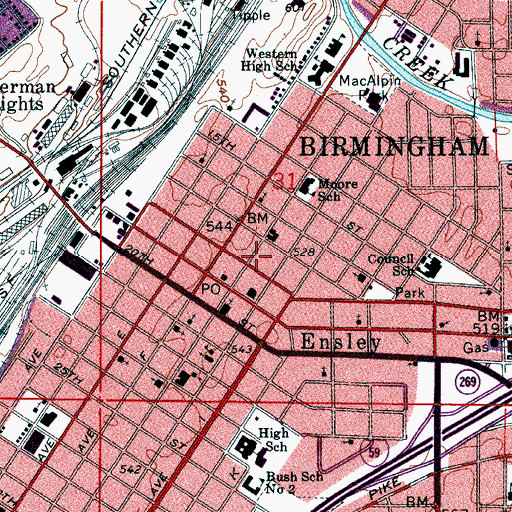 Topographic Map of Ensley Post Office, AL