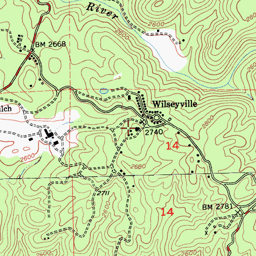 Topographic Map of Wilseyville Post Office, CA