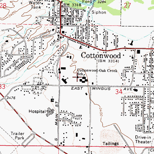 Topographic Map of Cottonwood-Oak Creek School, AZ