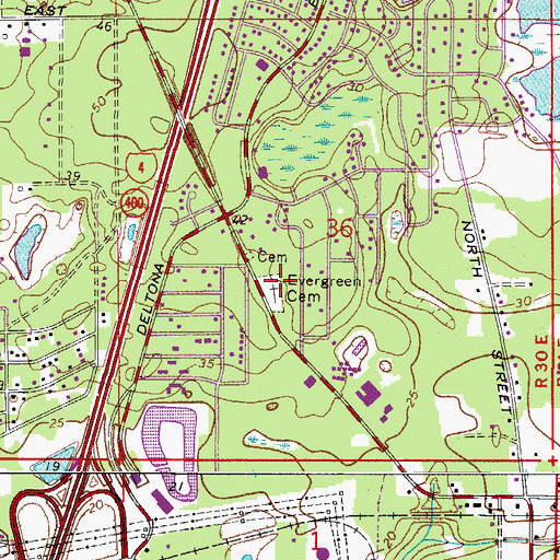 Topographic Map of Evergreen Cemetery, FL