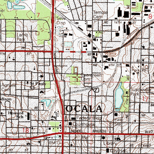 Topographic Map of Evergreen Cemetery, FL